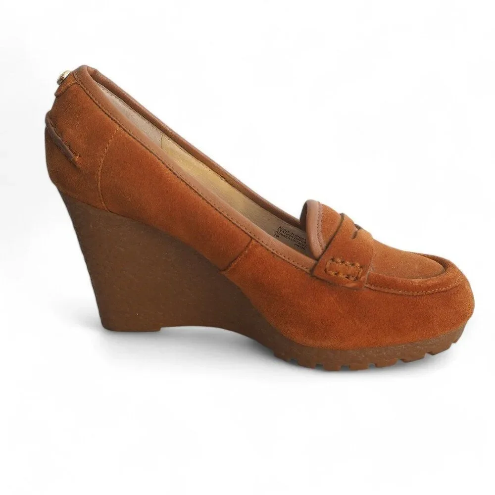 Michael Kors Rory Suede Wedge Penny Loafers Walnut‎ Brown PW14E Women's 7M